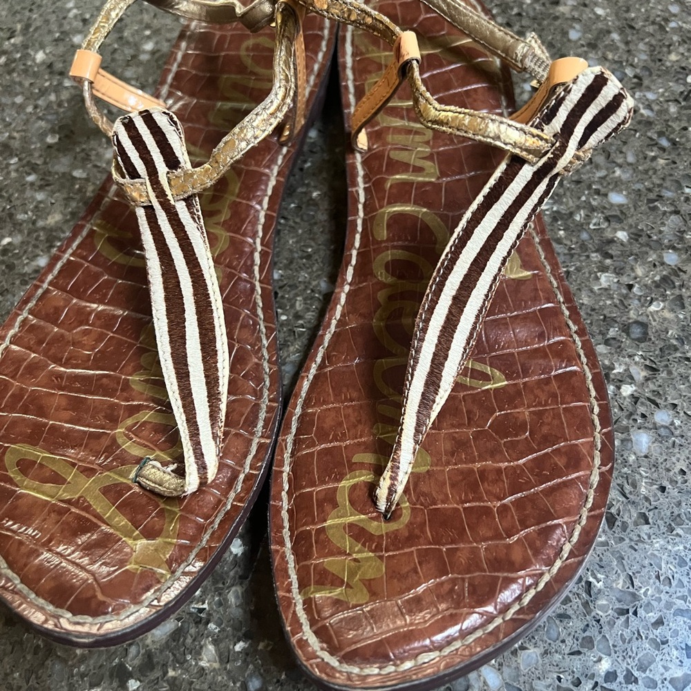 Sam Edelman Gigi Brown and Tan Animal Print Sandals with T-Strap Design See Pics